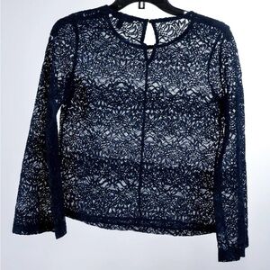 Banana Republic Women’s Shirt XS Petite Navy Blue Lace Long Sleeve Sheer